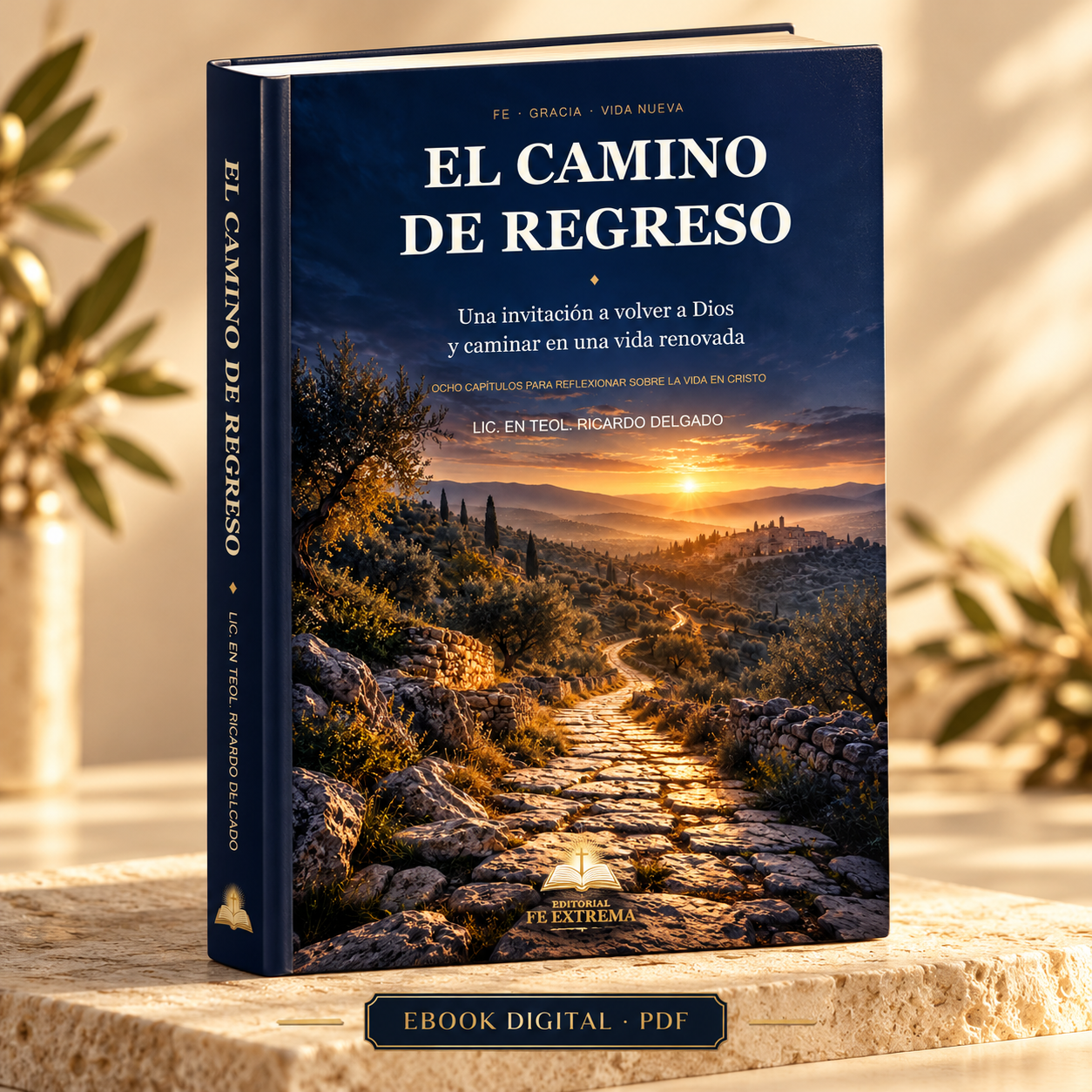 Mockup de EL CAMINO DE REGRESO, con portada azul y un camino de piedra al amanecer